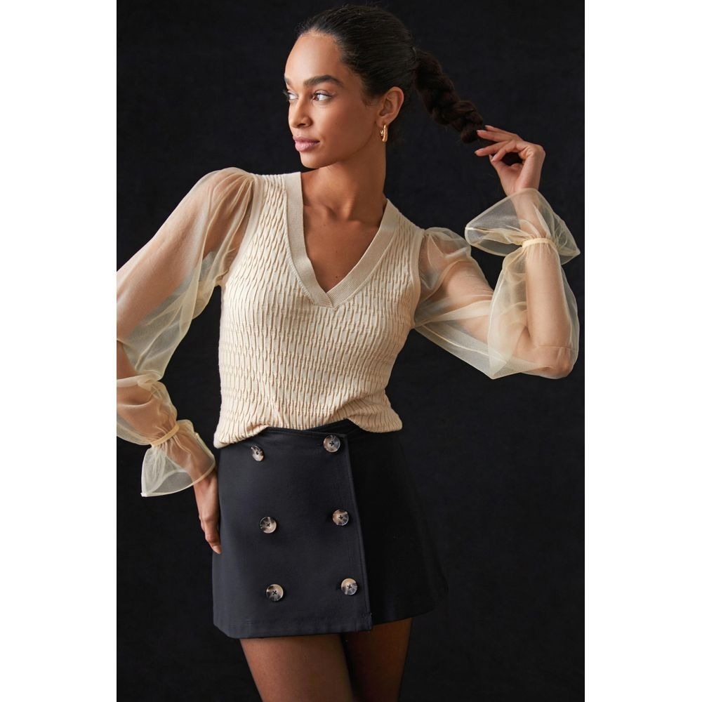 Anthropologie NWT Sheer Sleeve V-Neck Sweater‎